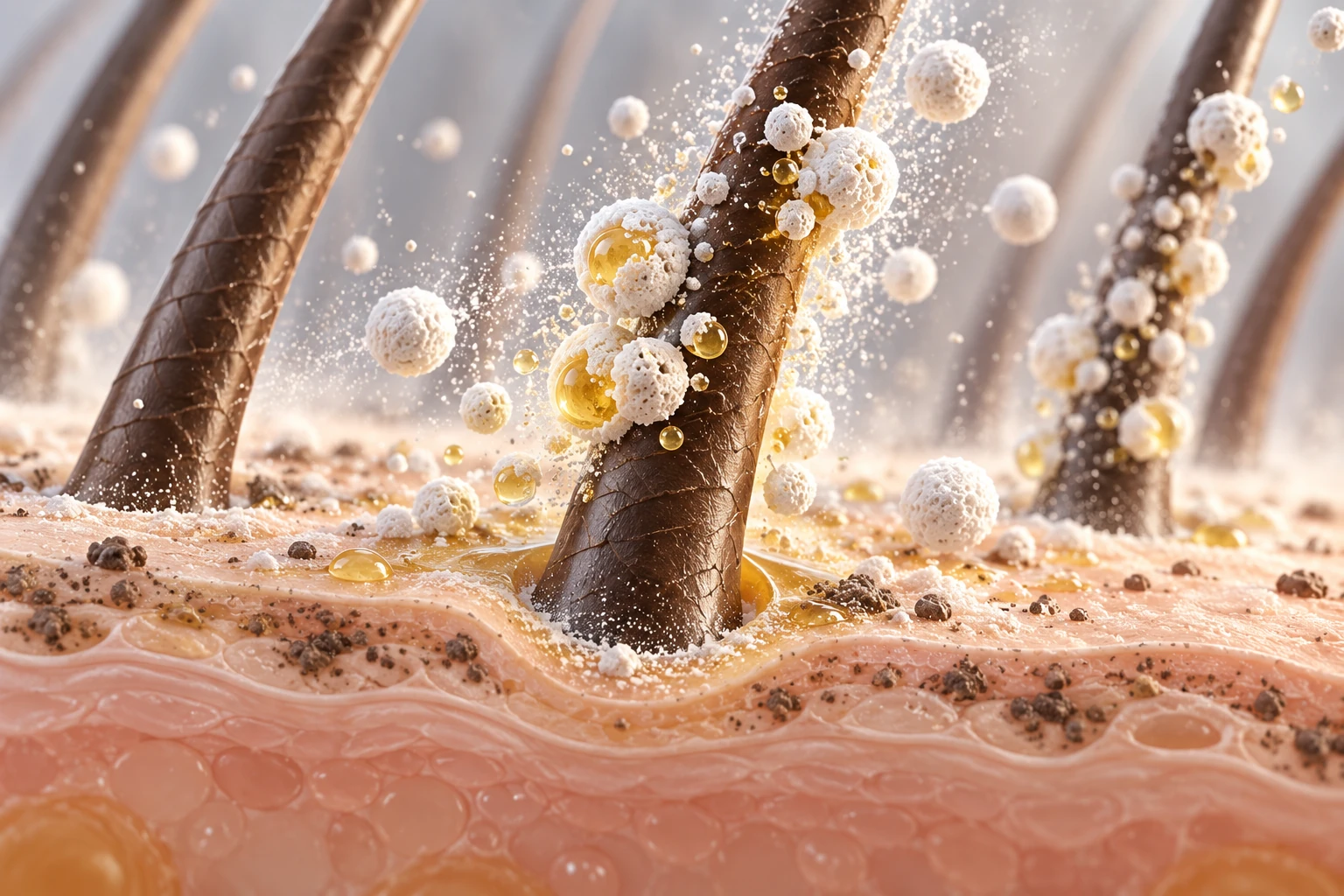 Abstract illustration of dry shampoo absorbent particles taking up surface sebum while scalp soil remains