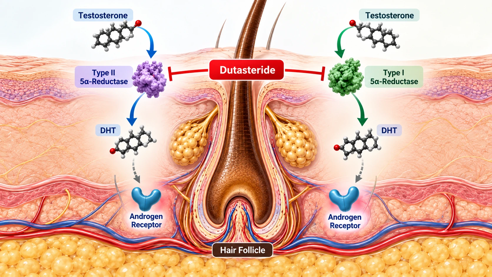 Dutasteride's broader action across the Type-I and Type-II enzyme pathways, illustrated for patient education