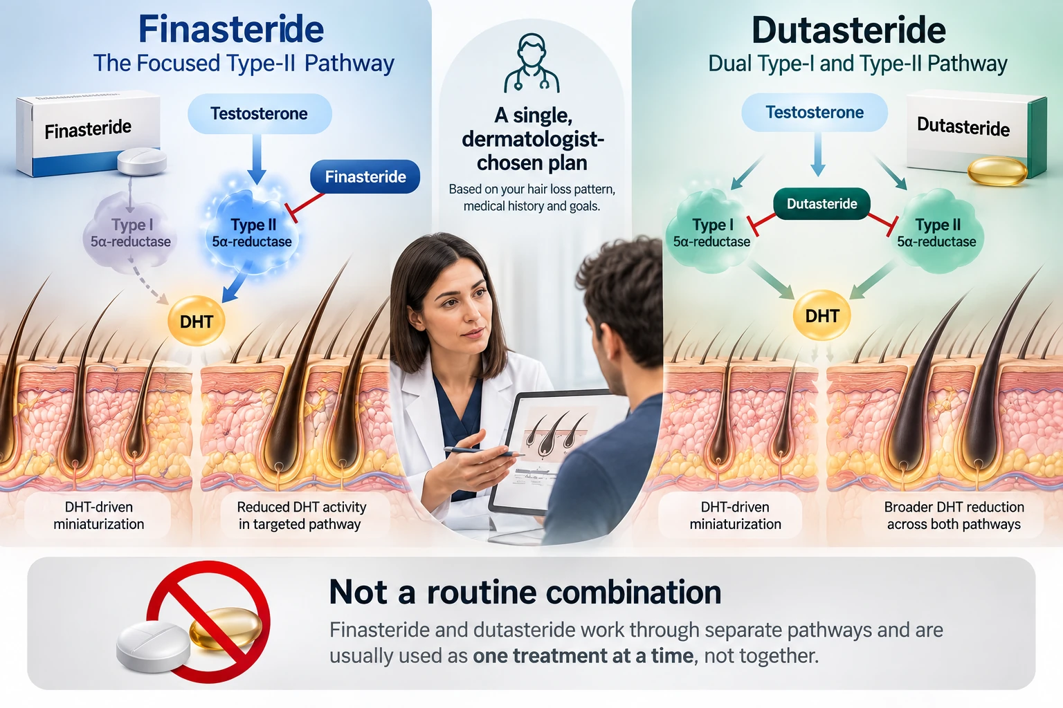 Finasteride and dutasteride shown as separate pathways requiring a single dermatologist-chosen plan, not routine combination