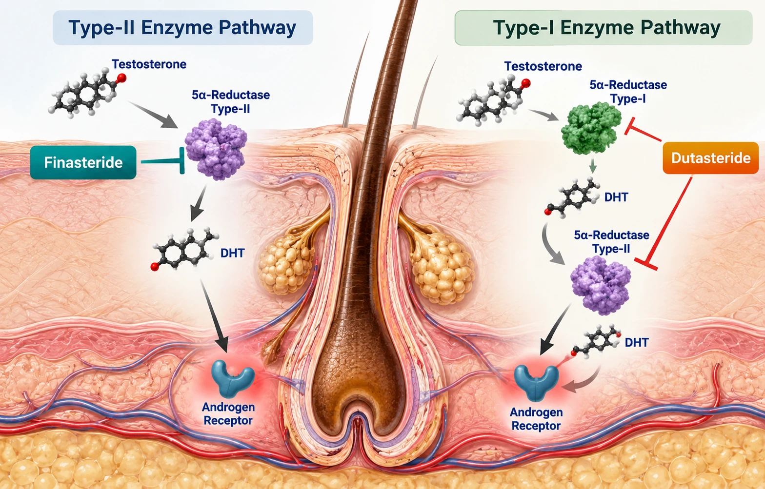 Follicle cross-section diagram comparing where finasteride and dutasteride act on the Type-I and Type-II enzyme pathways