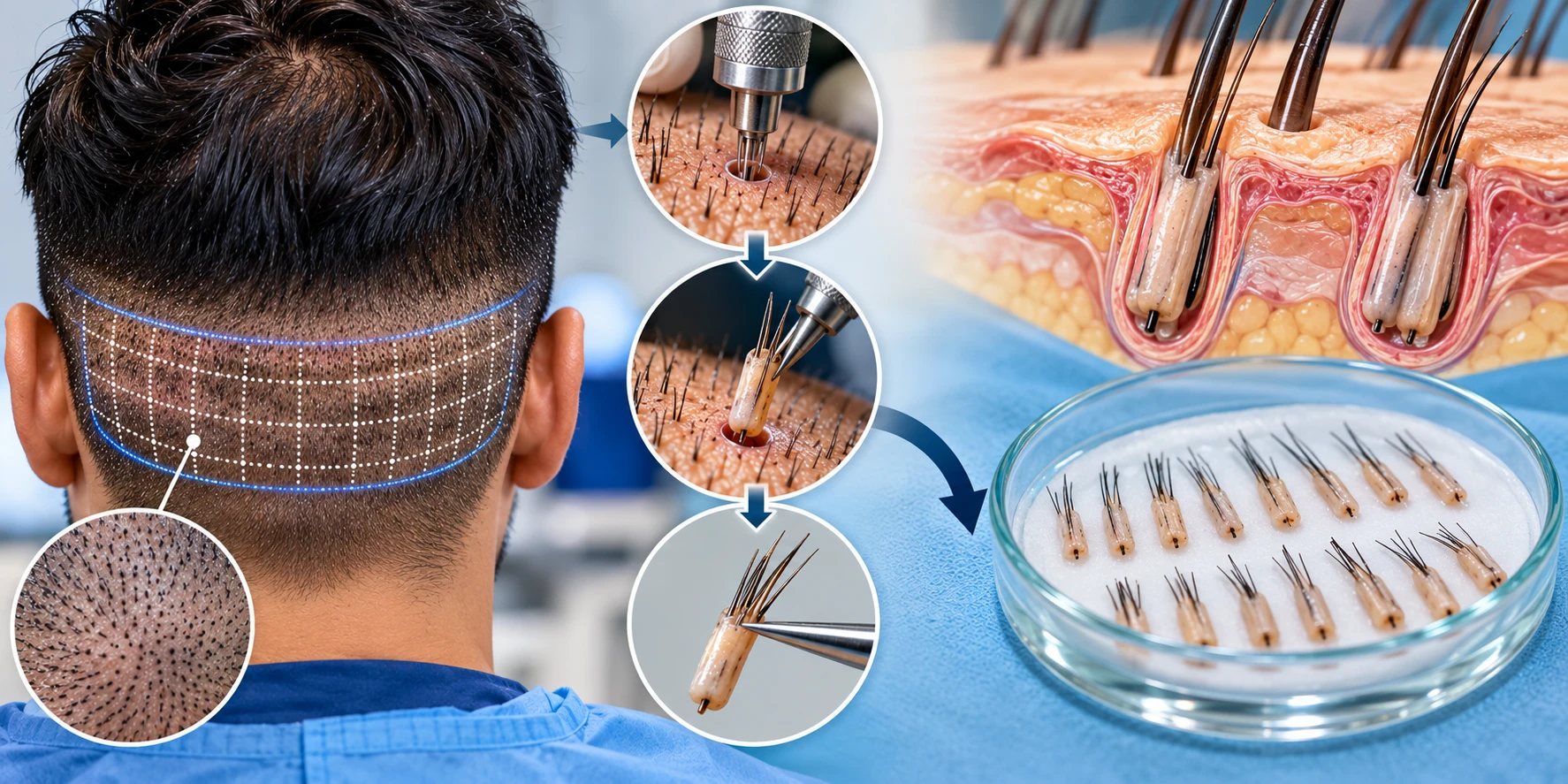 FUE donor-area mapping and follicular-unit extraction concept, illustrated for patient education