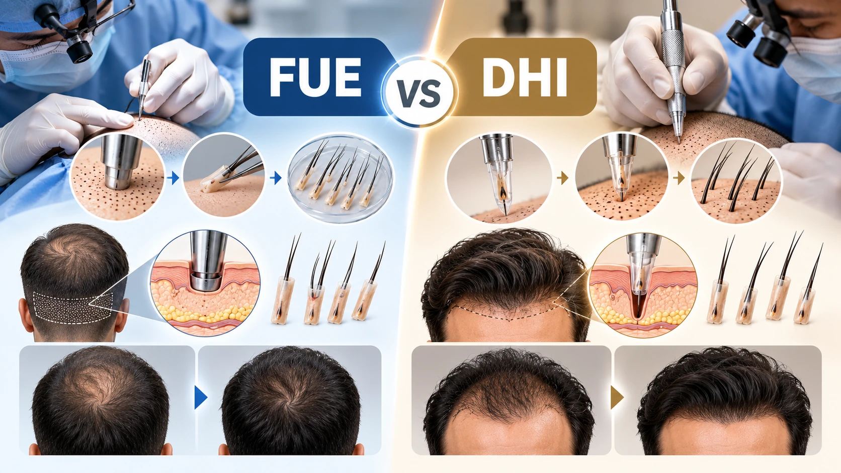 Comparison of FUE donor harvesting and DHI implanter-assisted graft placement in a surgeon-led hair transplant