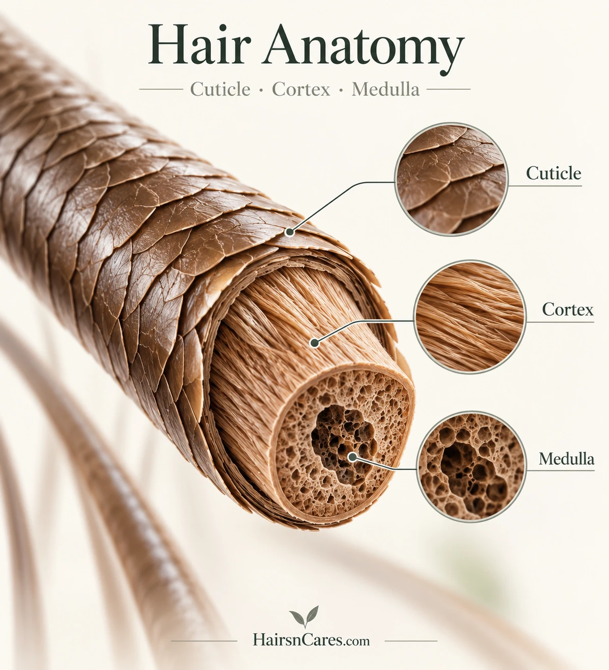 Cross-section of a human hair shaft showing the cuticle, cortex and medulla.