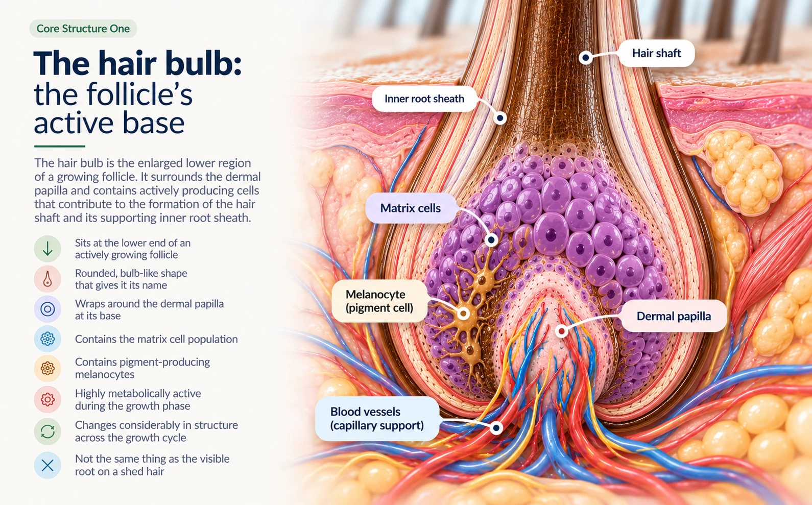Detailed view of the hair bulb with matrix cells arranged around the dermal papilla.