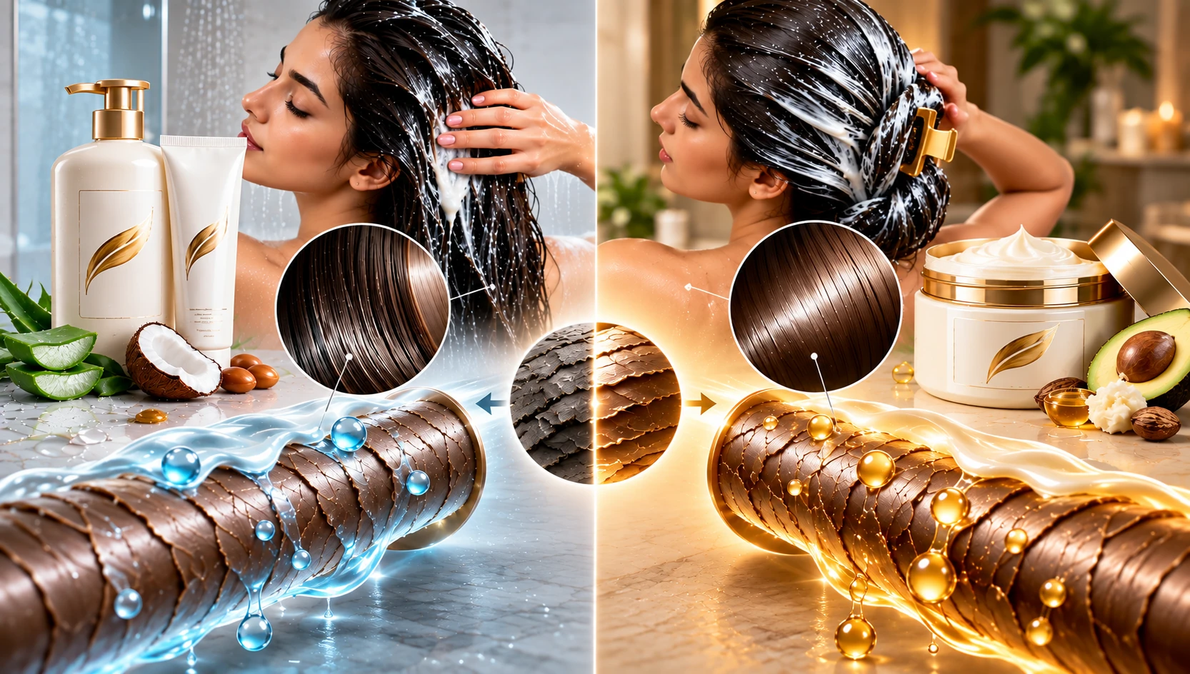 Abstract illustration of conditioner formulation science showing cationic deposition and cuticle smoothing on the hair fibre