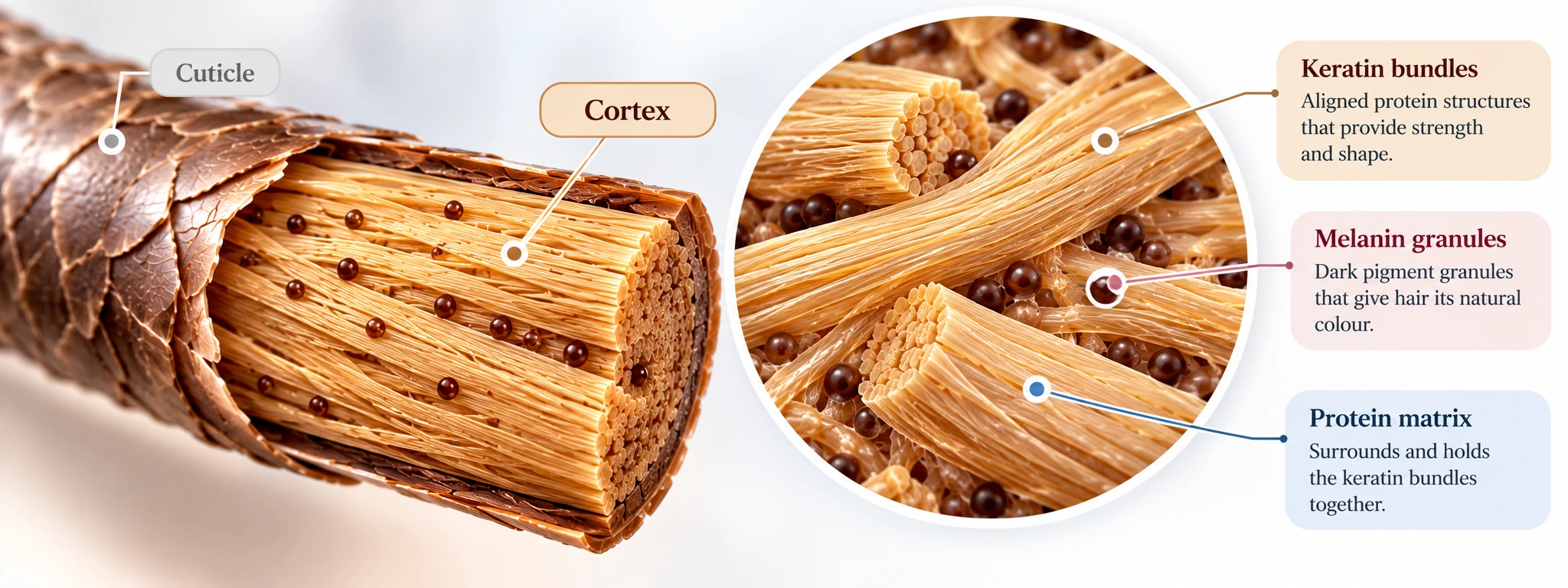 Scientific illustration of keratin structures and melanin granules within the hair cortex.