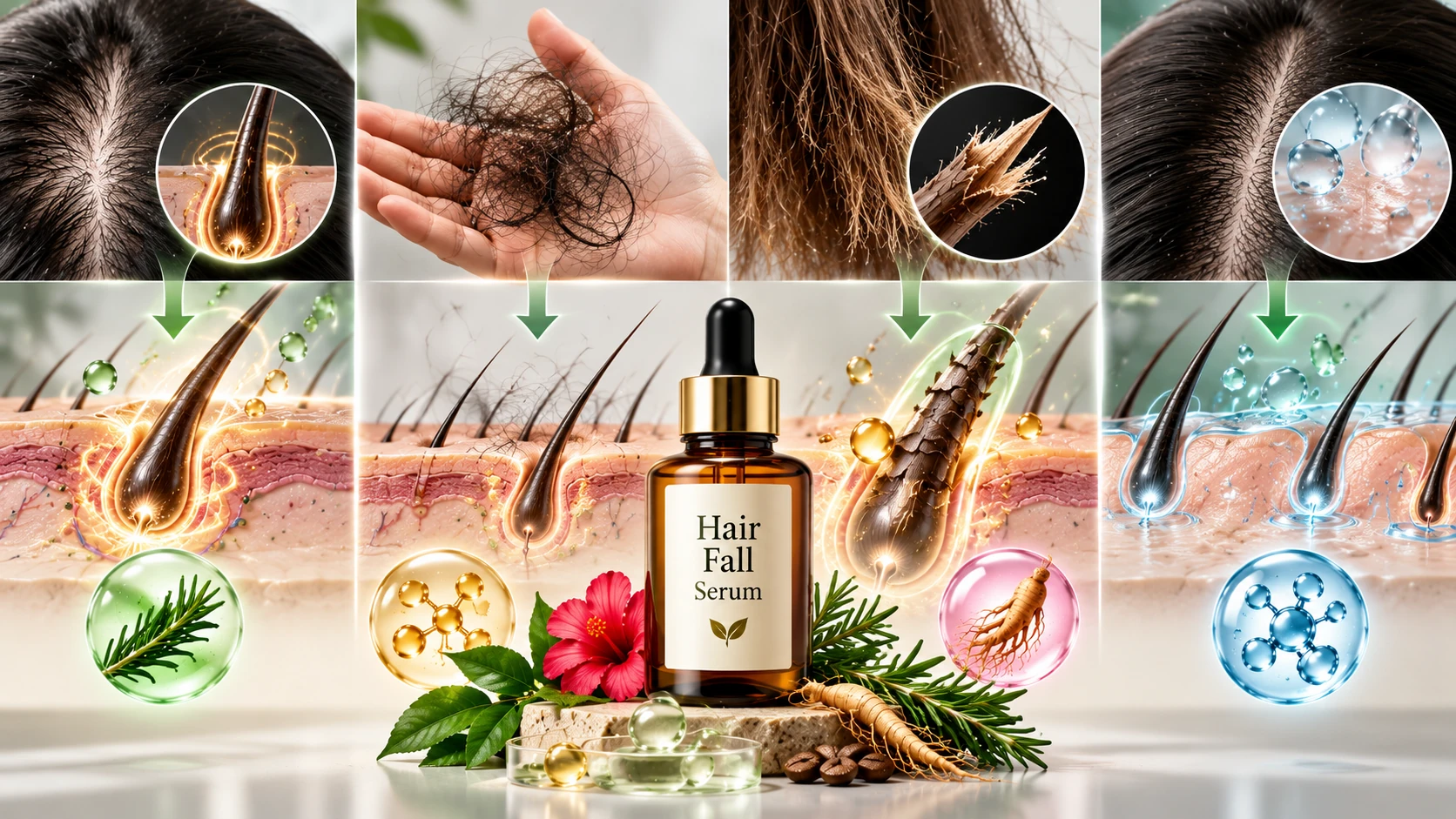 Abstract illustration of hair-fall serum retention and breakage-reduction science for patient education