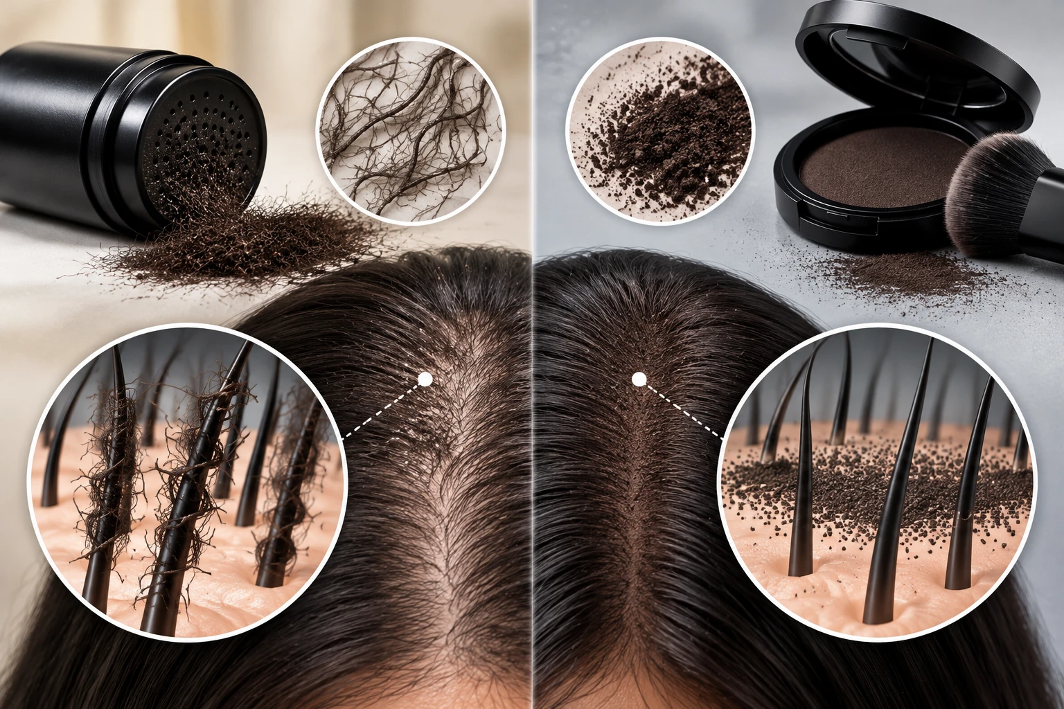 Abstract diagram comparing hair-fibre attachment to existing hair shafts and scalp-concealer pigment diffusion across visible scalp