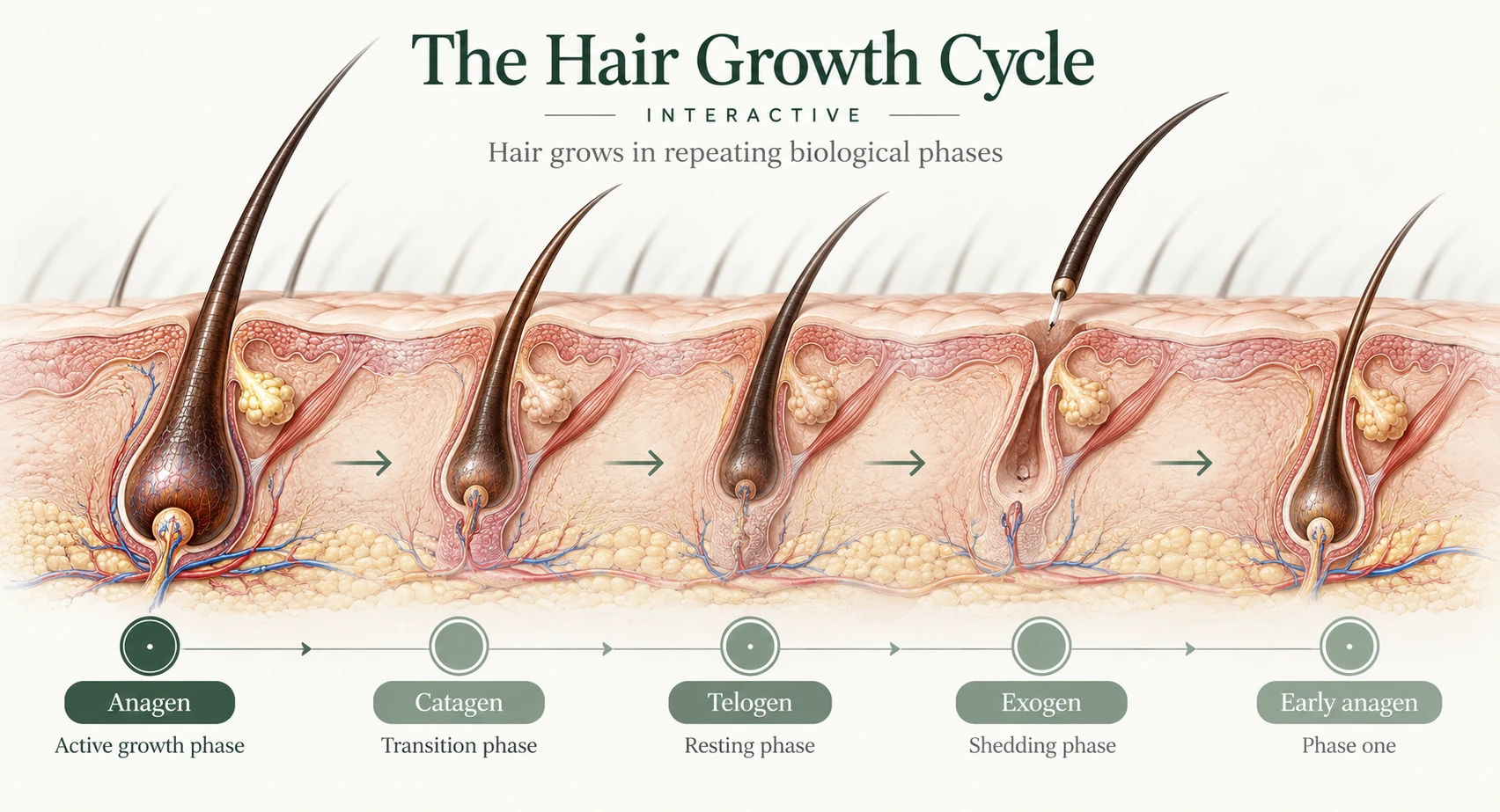 Diagram showing the anagen, catagen and telogen phases of the hair growth cycle.