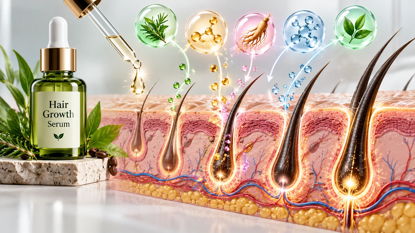 Abstract illustration of hair growth serum actives and follicular pathway science for patient education