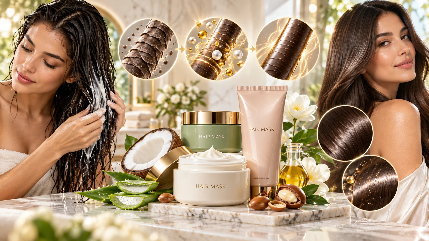 Abstract illustration of hair-mask formulation science showing richer emollient systems and layered conditioning motifs