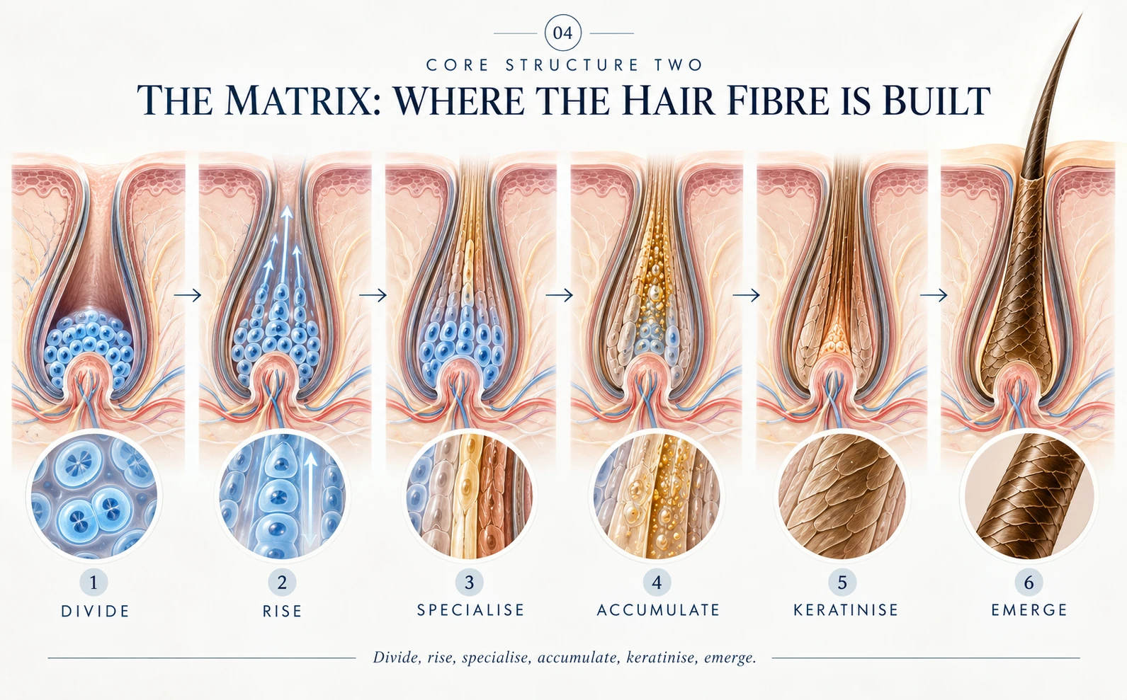 Diagram showing matrix cells dividing, moving upward and forming the keratinised hair fibre.