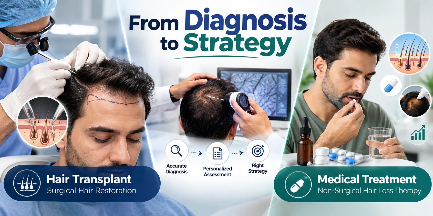 Diagram showing diagnosis branching into medical-first, transplant-discussion and combination hair-restoration pathways
