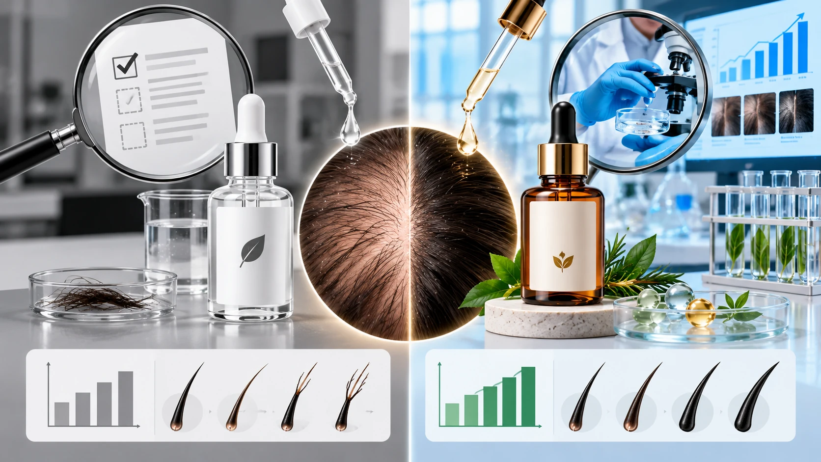 Abstract evidence hierarchy diagram for hair serum ingredient claims from supplier mechanism data to guideline recommendation