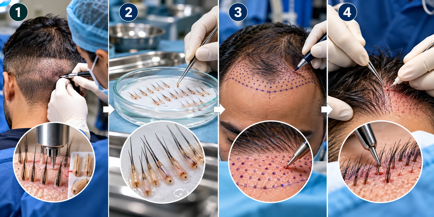 Four-stage hair transplant surgical workflow — donor harvesting, graft management, recipient-site planning and implantation