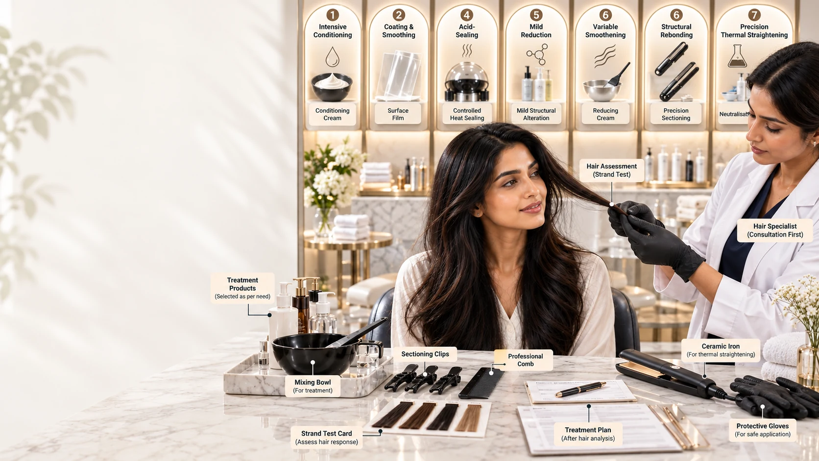 South Asian woman receiving professional hair assessment before smoothing and straightening salon treatments