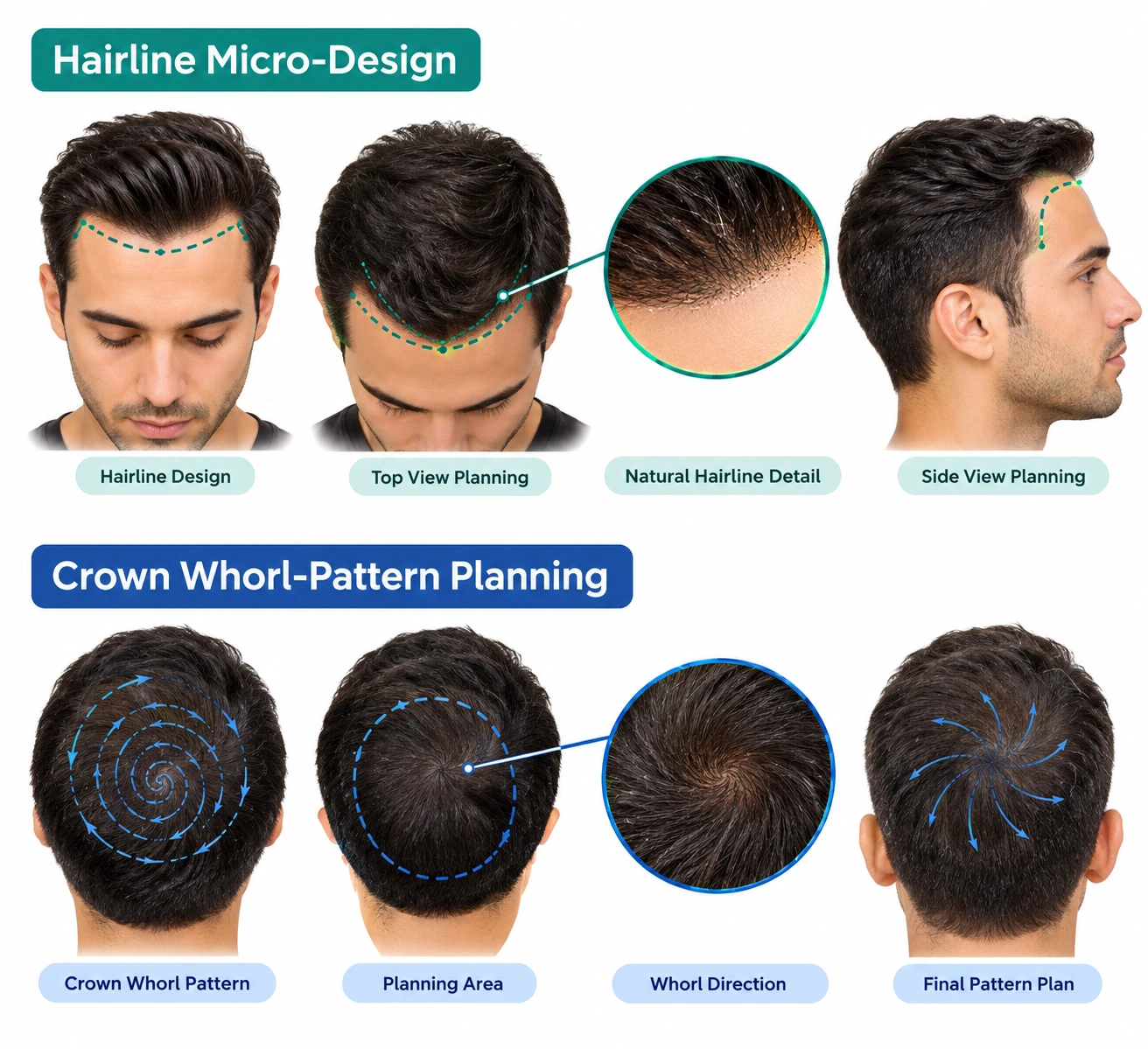 Hairline micro-design and crown whorl-pattern planning concepts, illustrated for patient education