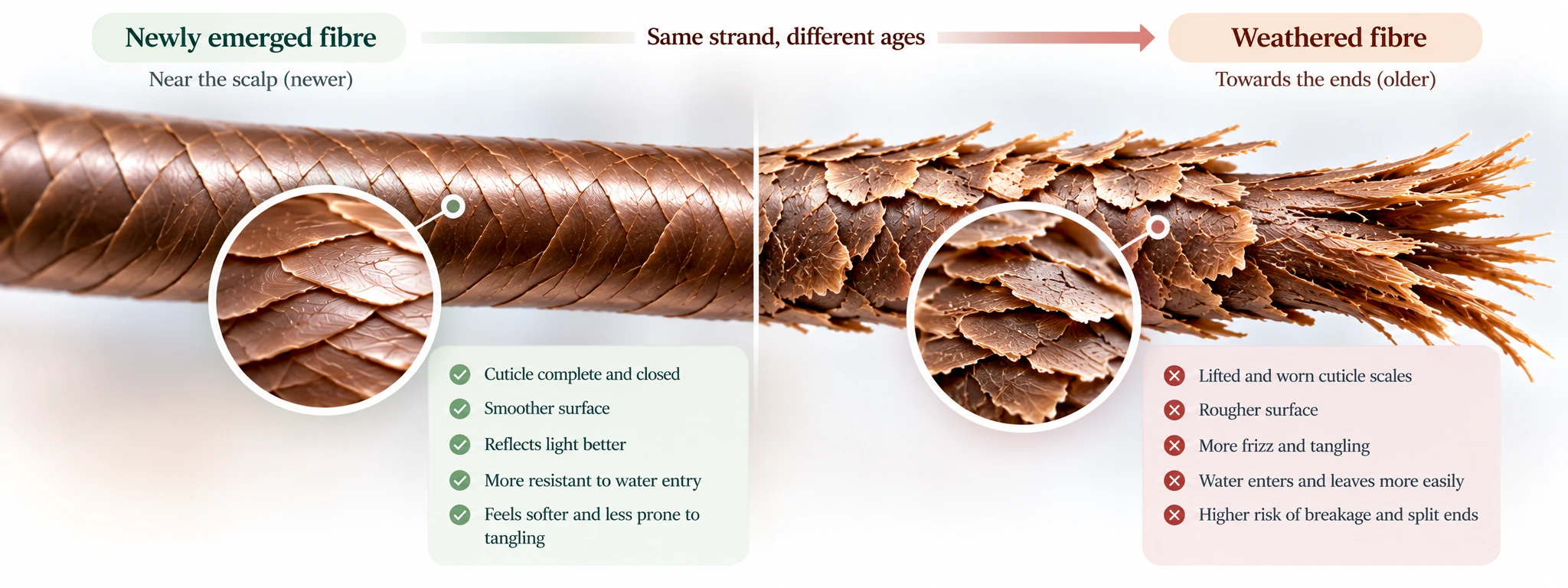 Comparison of a smoother hair fibre and a weathered fibre with raised cuticle edges and structural damage.