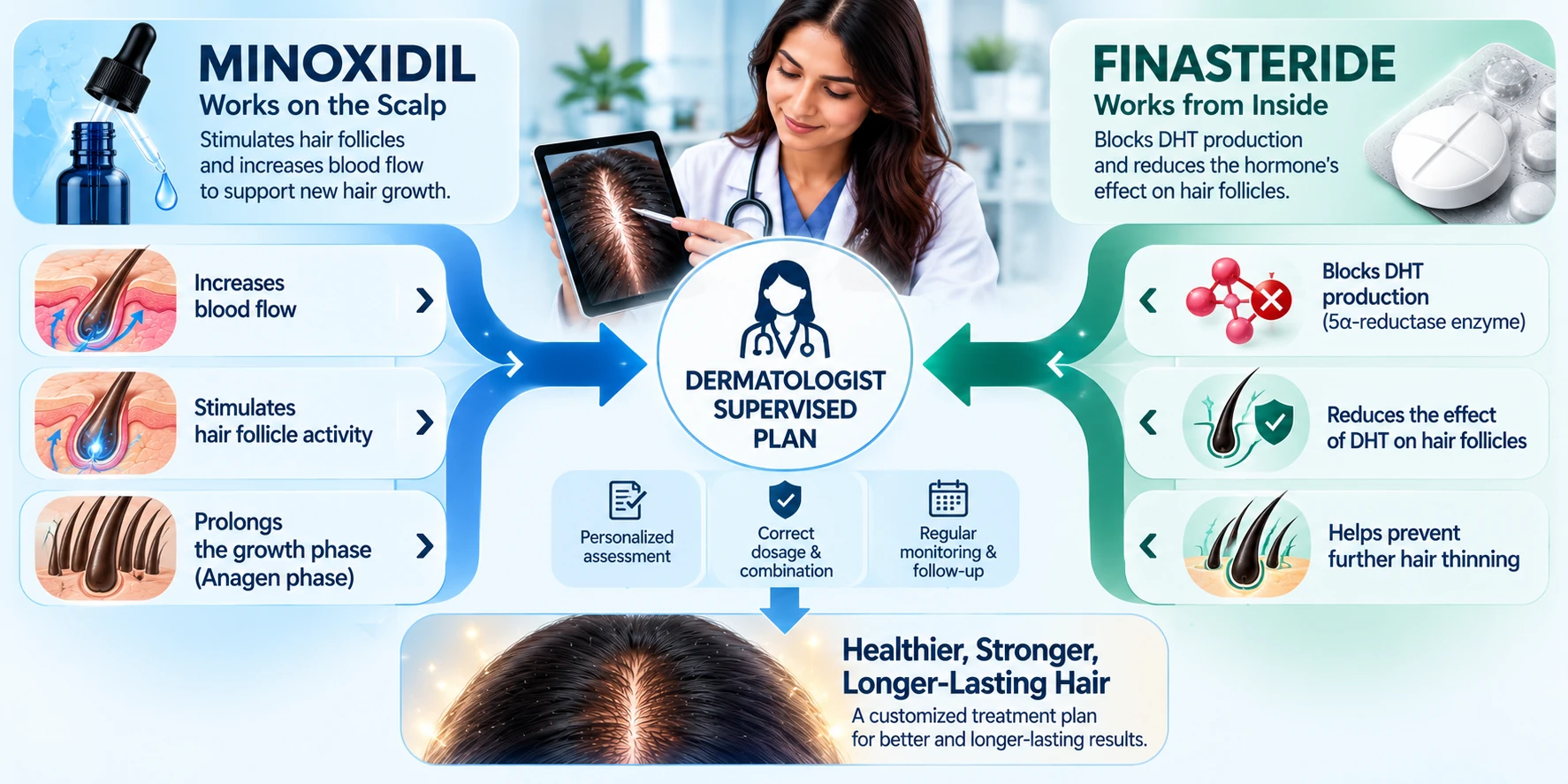 Two treatment pathways converging into one dermatologist-supervised plan
