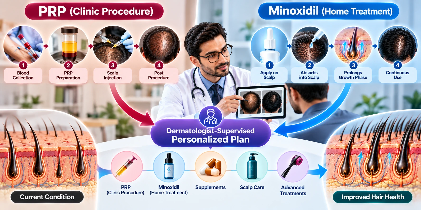 PRP clinic procedure and minoxidil home treatment shown converging into one dermatologist-supervised plan