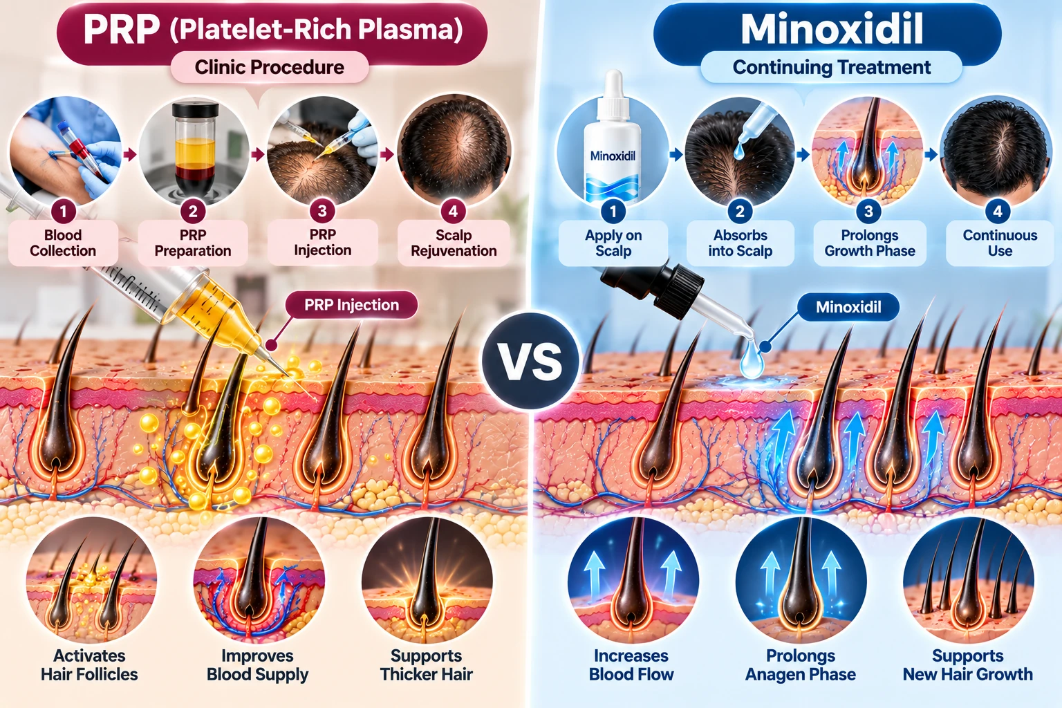 Diagram comparing the PRP clinic-procedure pathway and the minoxidil continuing-treatment pathway