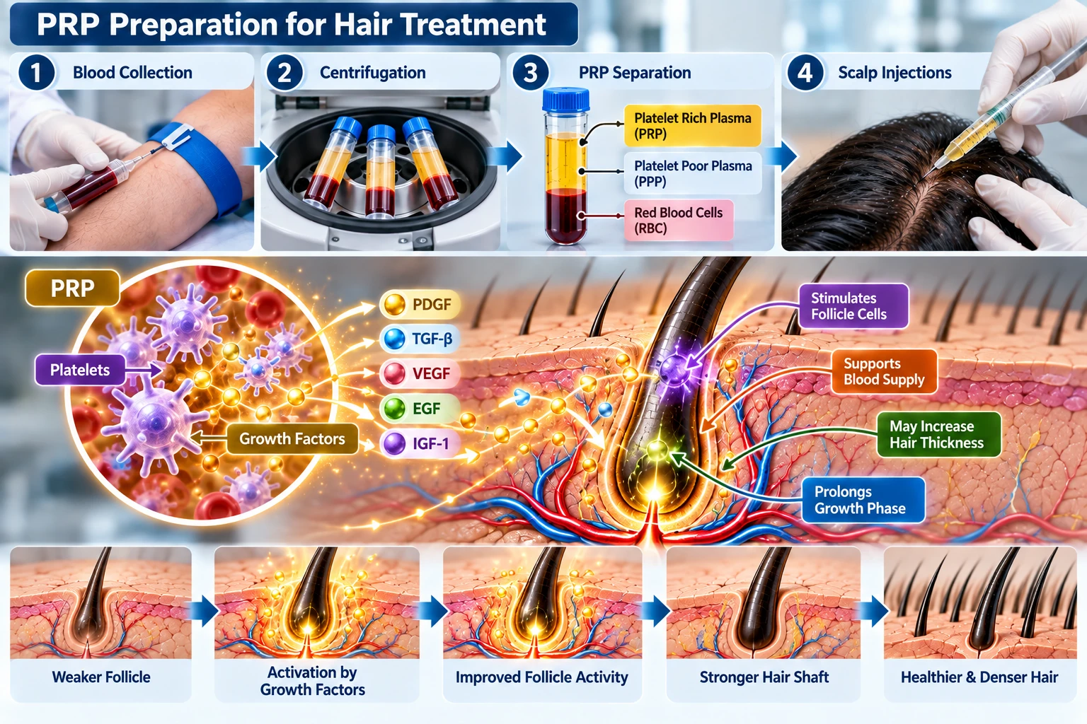 PRP preparation and platelet-signalling concept, illustrated for patient education