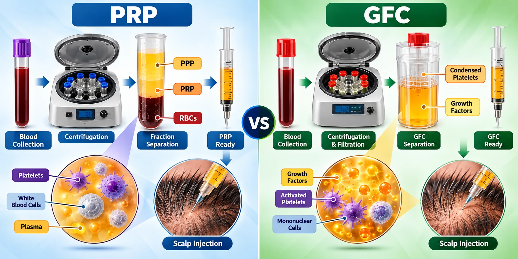Scientific comparison of PRP and GFC blood-processing pathways for dermatologist-guided hair-loss treatment