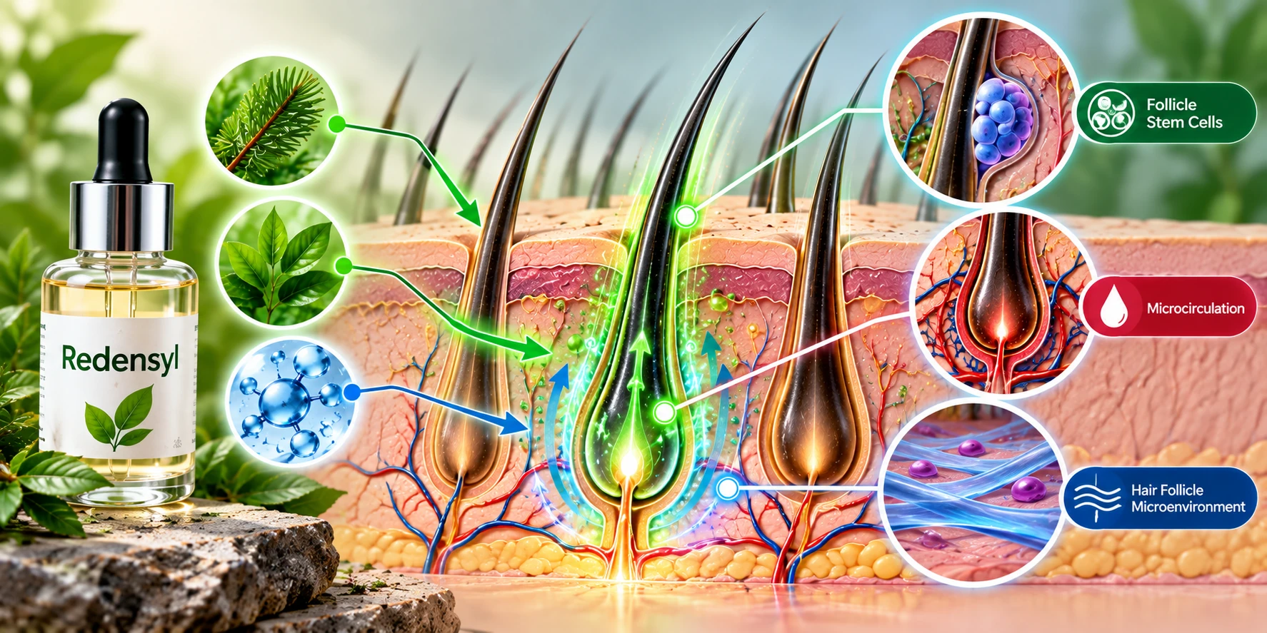 Redensyl's proposed follicle-microenvironment mechanism, illustrated for patient education