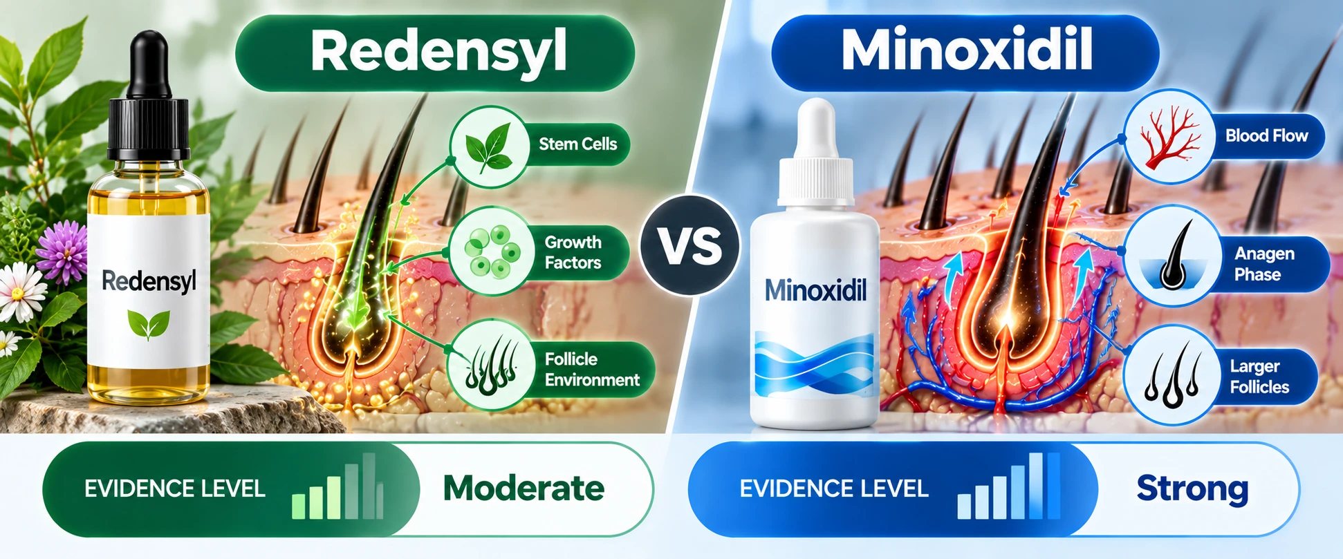 Diagram comparing the evidence levels of the cosmetic active Redensyl and the medication minoxidil