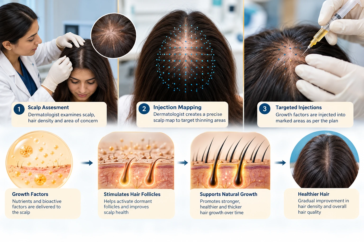 Scalp injection mapping for regenerative hair treatment, shown as one dermatologist-chosen plan rather than combined protocols