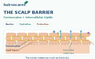 Magnified scalp barrier showing corneocytes surrounded by intercellular lipid layers.