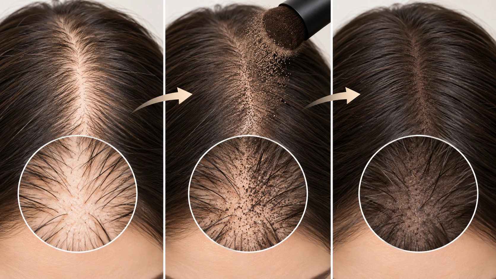 Abstract illustration of scalp-concealer pigment diffusion and blending across visible scalp to reduce colour contrast