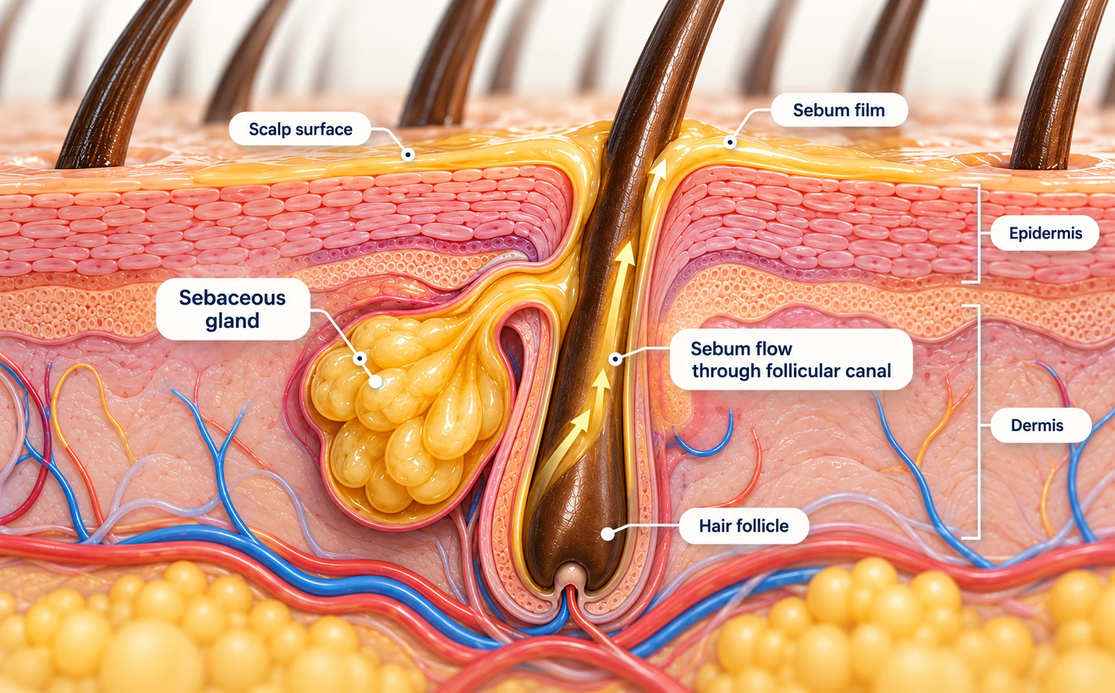 Sebaceous gland releasing sebum into the upper hair follicle and scalp surface.