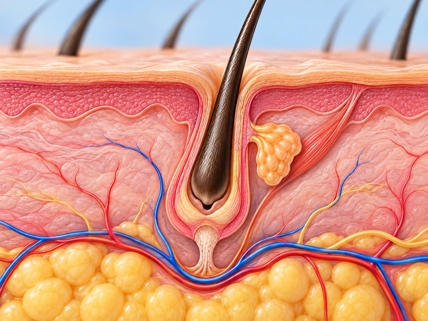 Resting telogen follicle retaining a club hair before shedding.