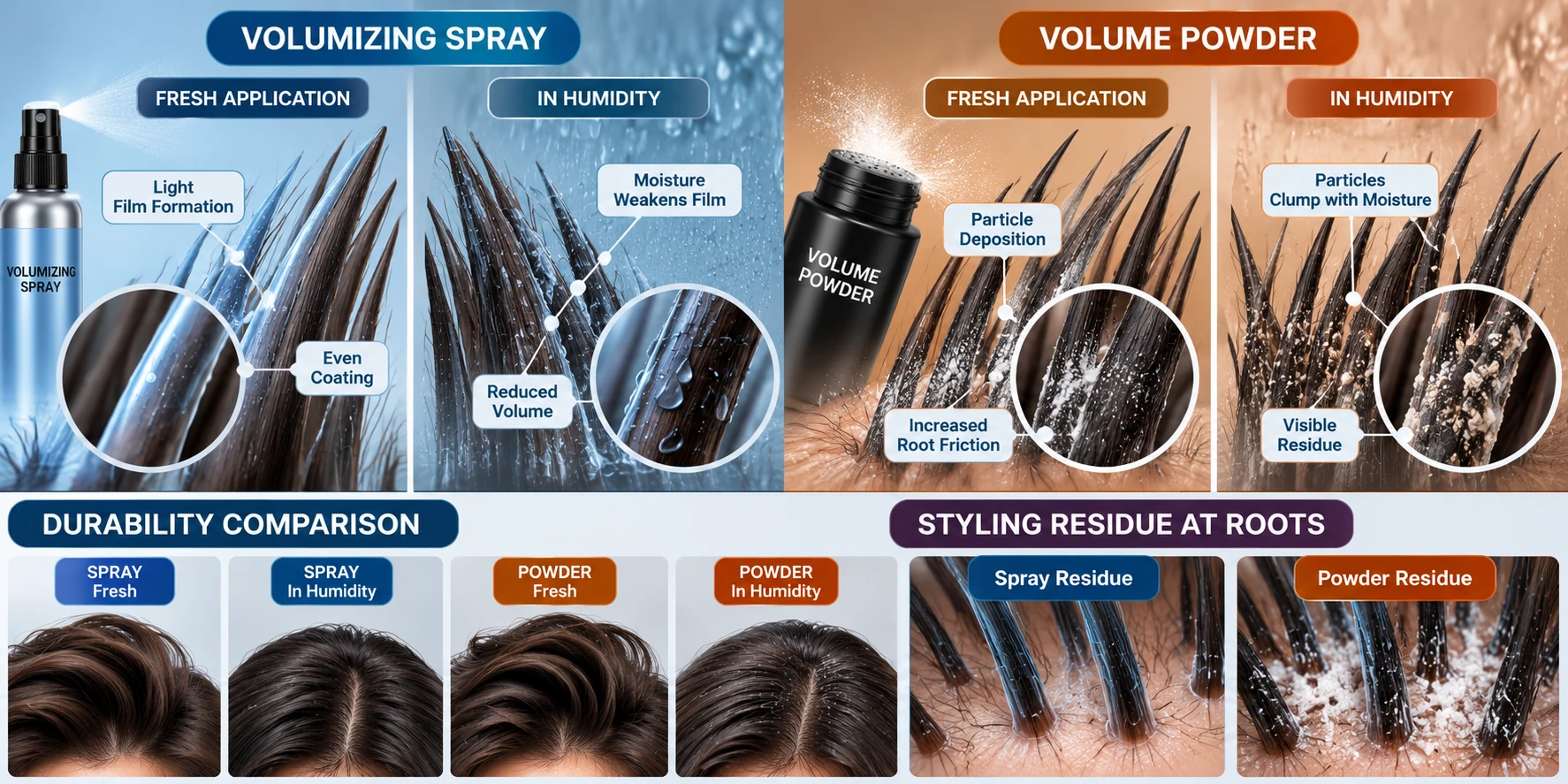 Abstract illustration of volume-product durability under humidity and the accumulation of styling residue at the roots