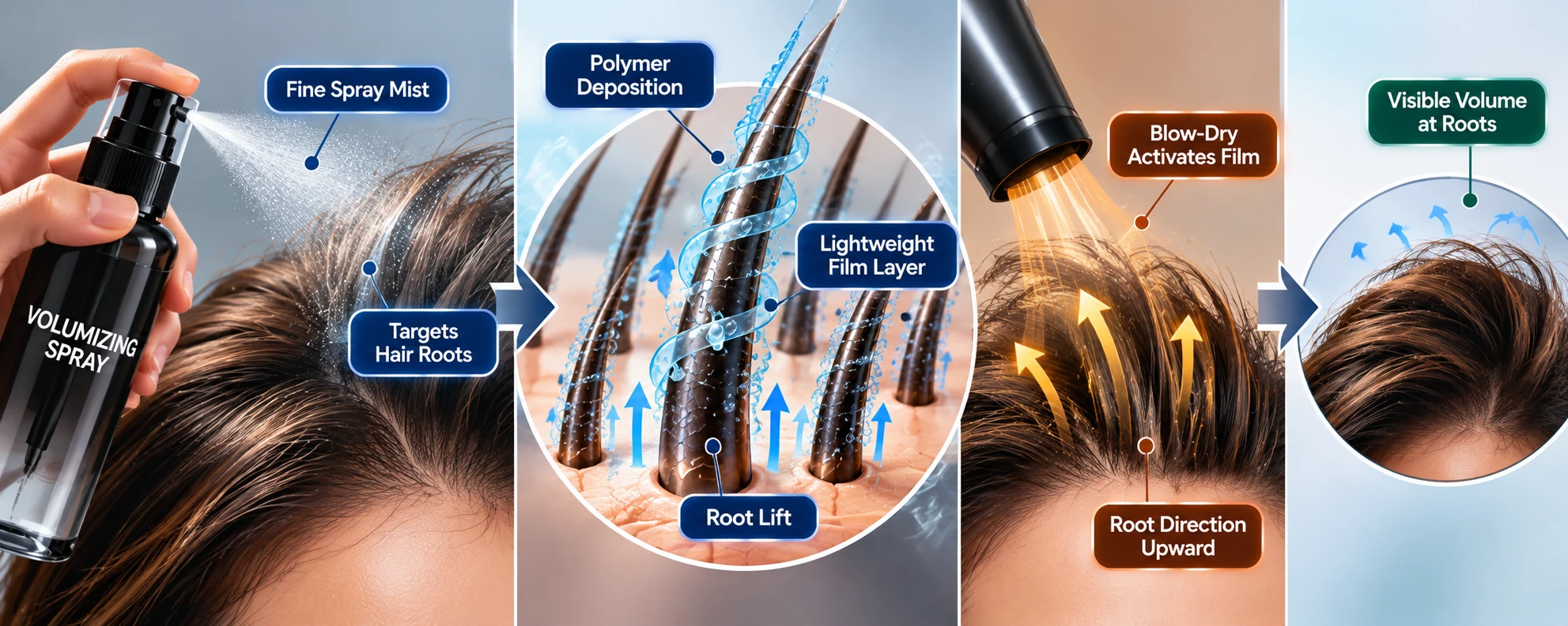 Abstract illustration of volumizing spray polymer deposition, root direction and blow-dry film formation