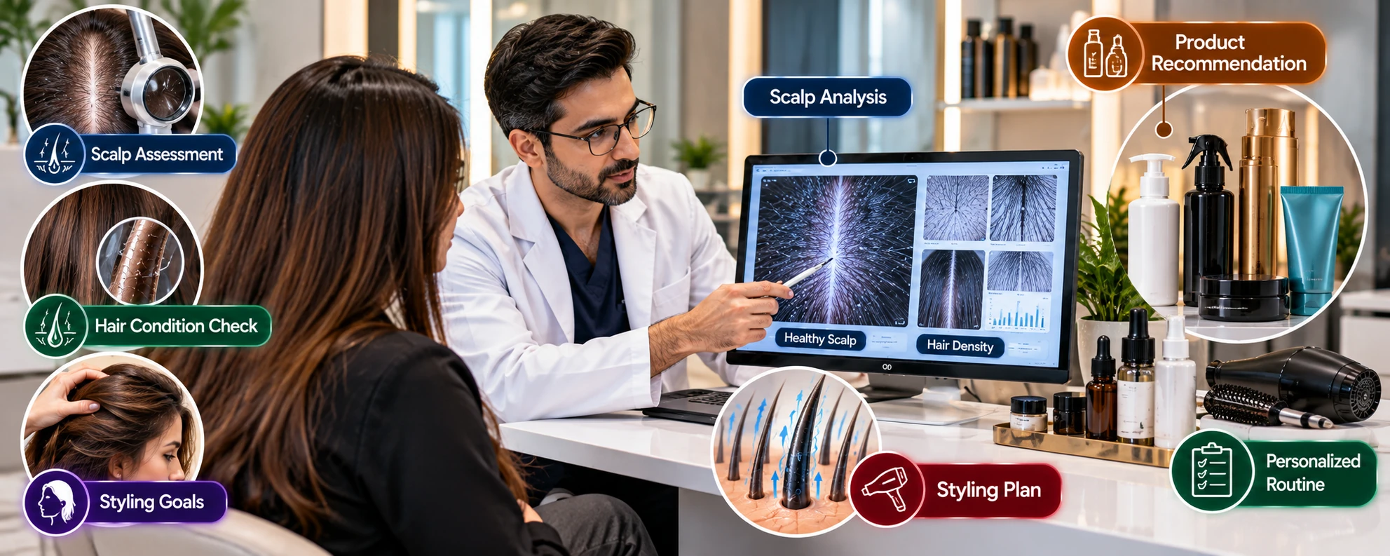 A calm expert-led styling consultation and scalp assessment environment