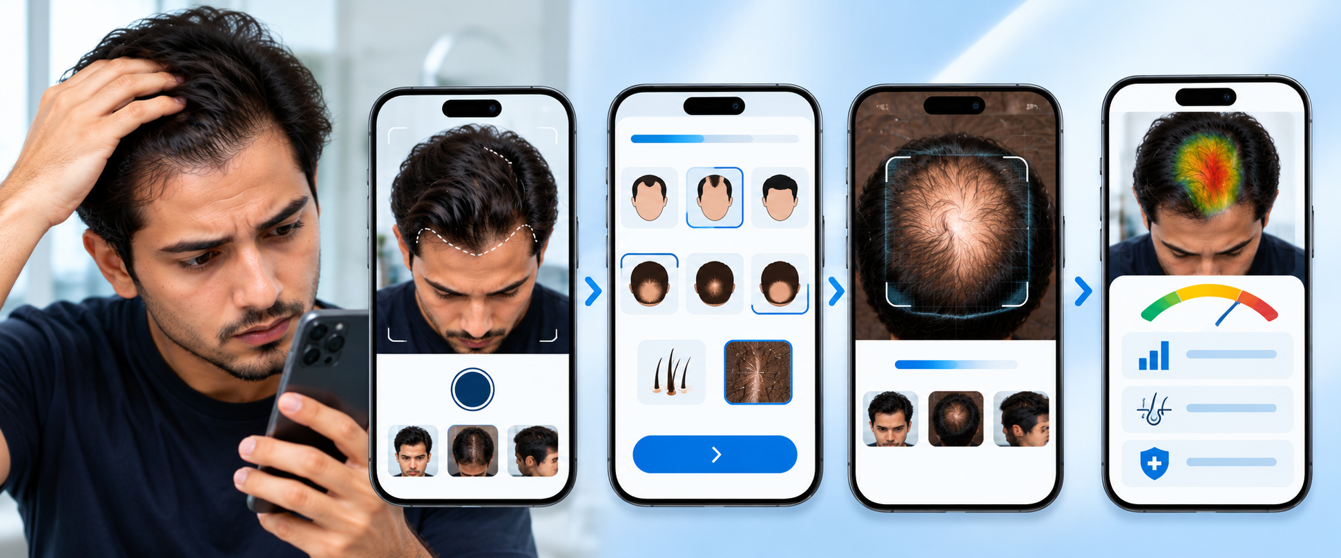 Male AI Hair Test self-assessment and hair analysis screens displayed on a smartphone