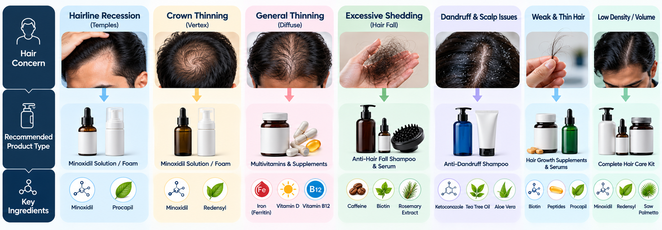 Chart mapping male hair concerns to product types and key ingredients including hairline recession, crown thinning, dandruff and shedding
