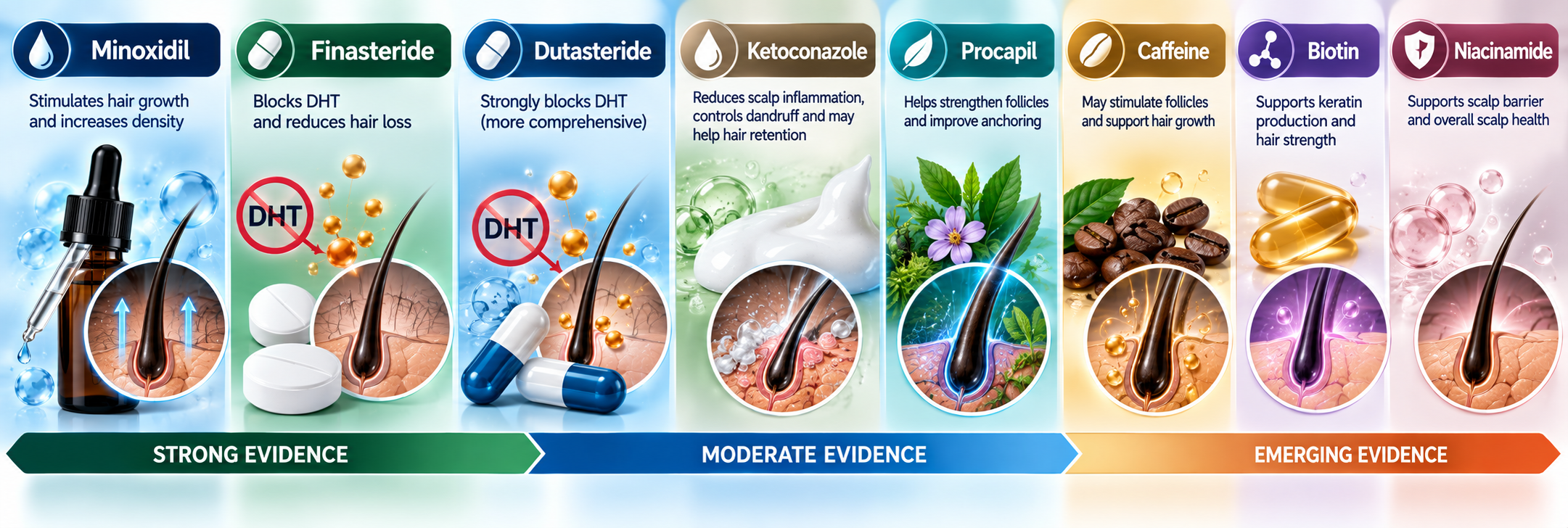 Male hair loss ingredients by evidence level including Minoxidil, Finasteride, Ketoconazole and Procapil