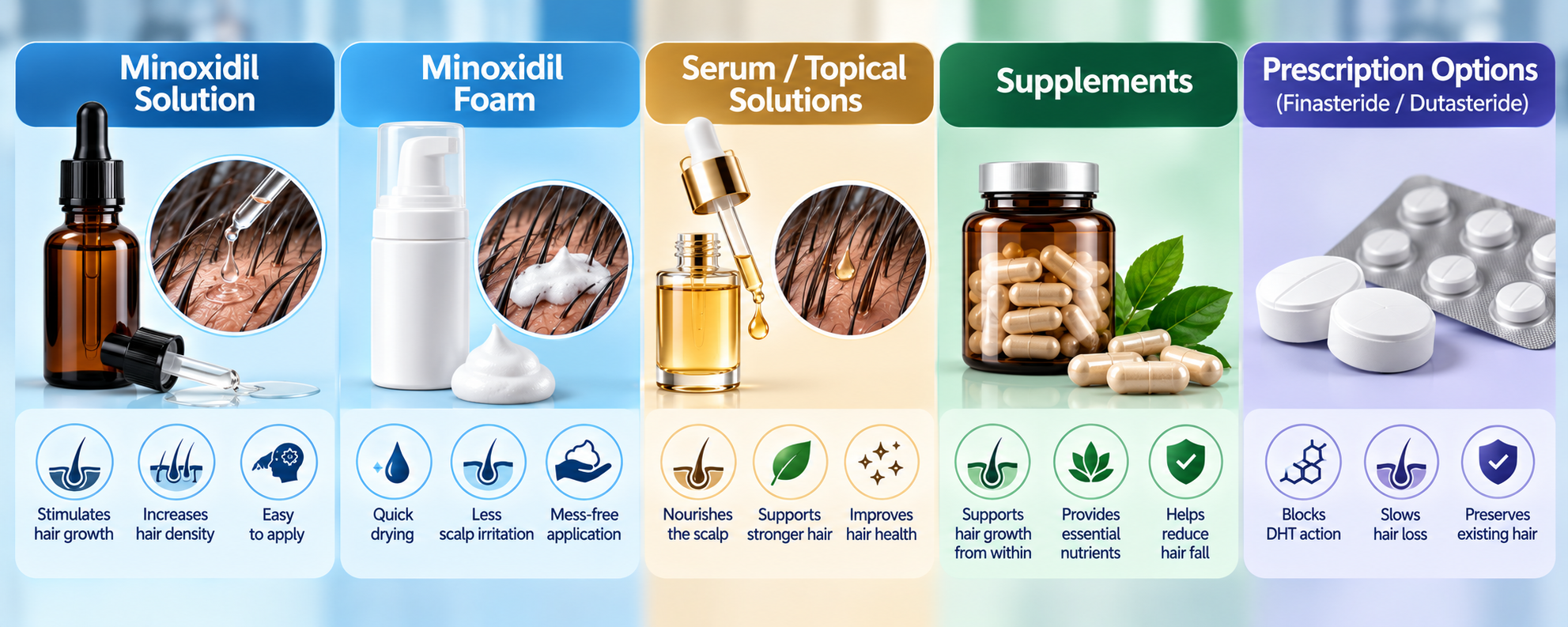 Hair loss treatment options compared: Minoxidil solution, Minoxidil foam, serum, supplements and prescription treatments