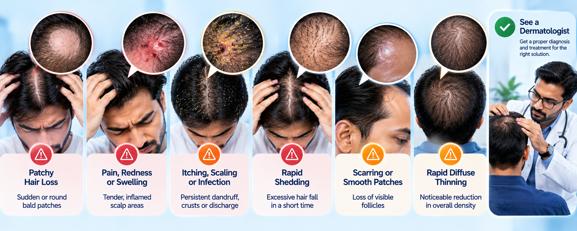 Warning scalp signs in men including patchy hair loss, pain, redness, infection and rapid shedding