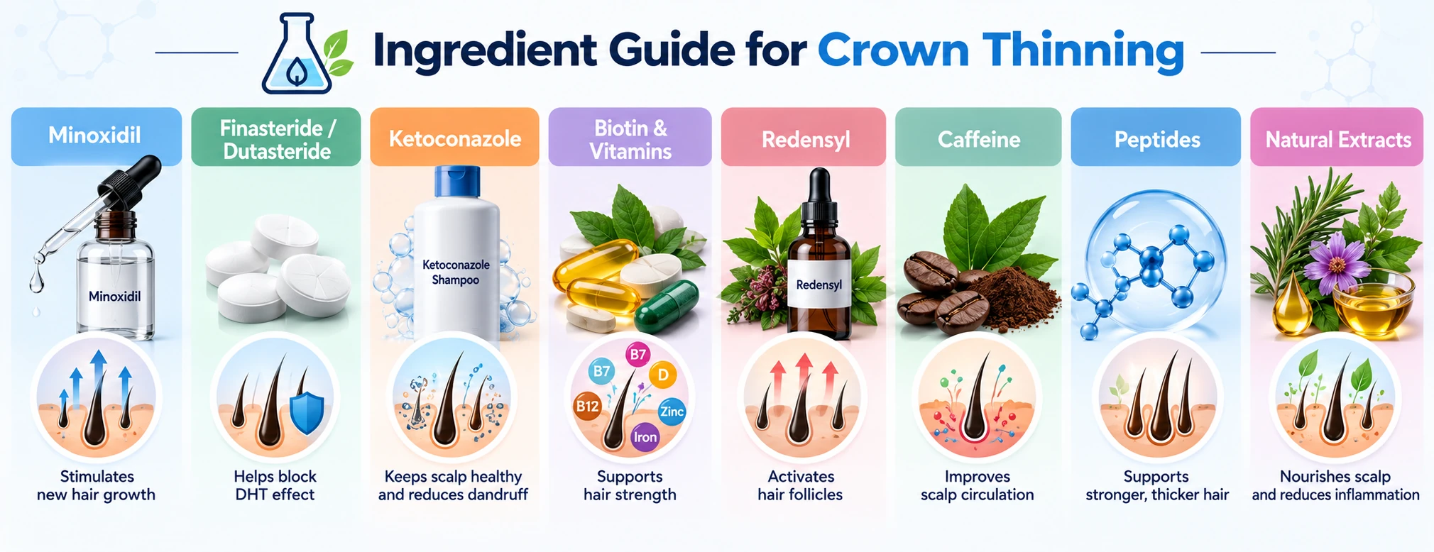 Ingredient Guide for Crown Thinning Ingredient guide for crown thinning featuring minoxidil, finasteride, dutasteride, ketoconazole, biotin, Redensyl, caffeine, peptides, and natural extracts.