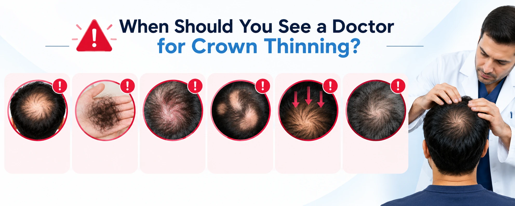 When Should You See a Doctor for Crown Thinning? Red-flag symptoms of crown thinning showing sudden hair loss, excessive shedding, scalp irritation, patchy hair loss, and worsening crown thinning.