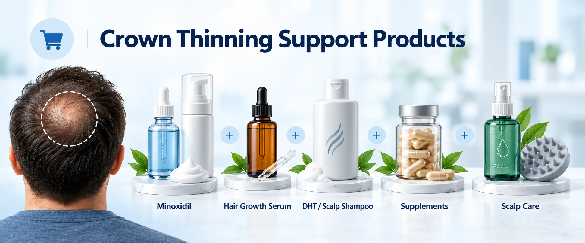 Crown Thinning Support Products Crown thinning support products including minoxidil, hair growth serum, DHT scalp shampoo, supplements and scalp care