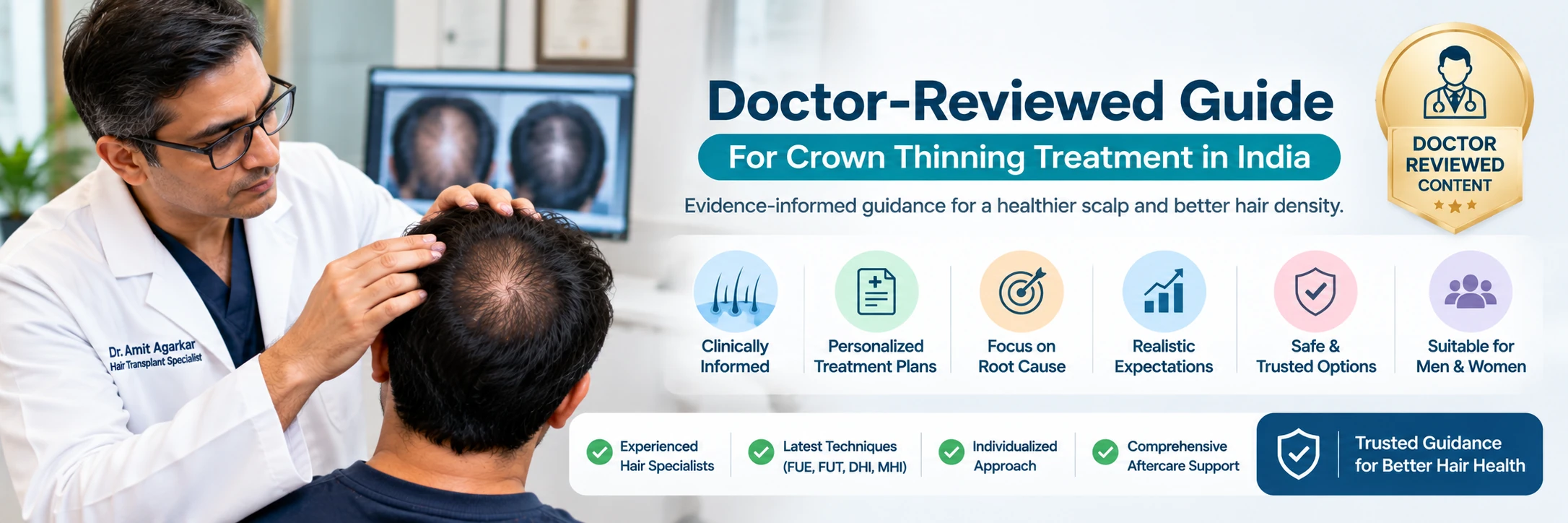 Doctor-Reviewed Guide to Crown Thinning Treatment in India Doctor-reviewed crown thinning treatment guide showing a hair specialist examining vertex hair loss and providing personalized hair care guidance in India.
