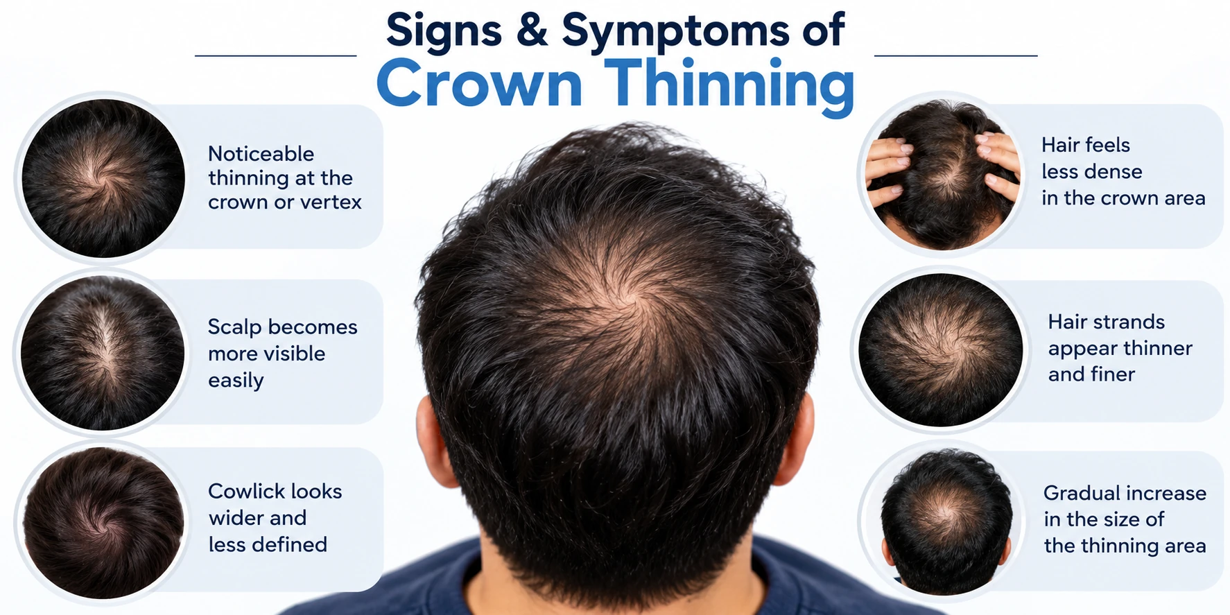 Signs & Symptoms of Crown Thinning Early signs and symptoms of crown thinning showing visible scalp, reduced hair density, finer strands, and widening thinning at the vertex.
