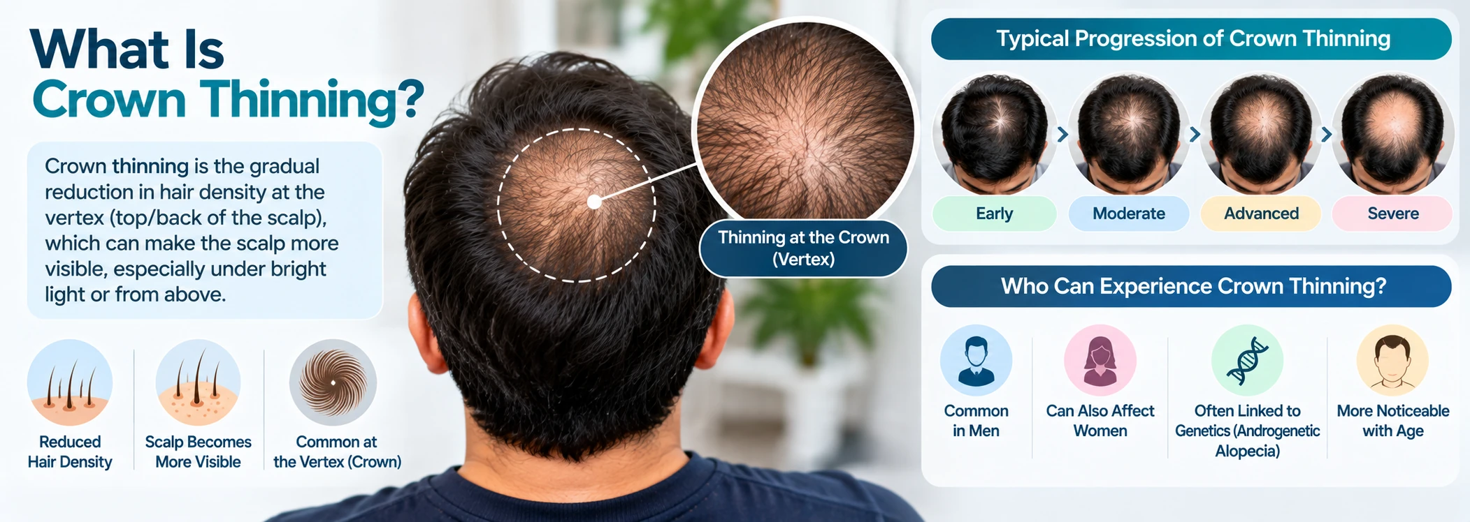 What Is Crown Thinning? Understanding Vertex Hair Loss Crown thinning explainer showing reduced hair density and increased scalp visibility at the vertex with stages of crown hair loss progression.
