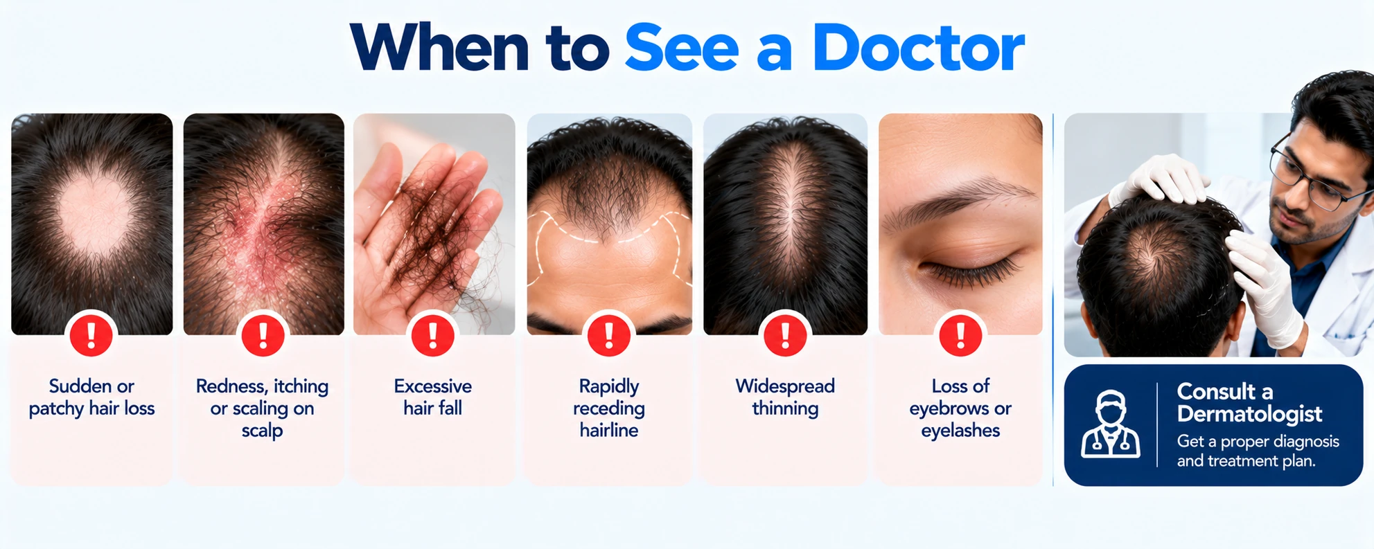 When to See a Doctor for DHT Hair Loss Red-flag hair loss symptoms including sudden patchy loss, scalp irritation, excessive shedding, rapid hairline recession, widespread thinning, and eyebrow loss.