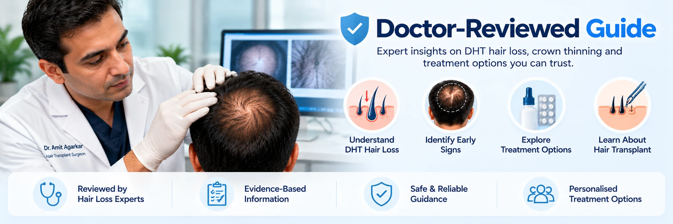 Doctor-Reviewed Guide to DHT Hair Loss Doctor reviewing a patient’s crown thinning in a medical guide about DHT hair loss, early signs, treatments, and hair transplant options.